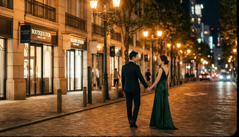 銀座の貸切ウェディングラシックアンジュール近くの銀座並木通りをドレスアップしたカップルが夜景の中を歩くロマンティックなシーン。都心銀座ならではの上質な結婚式の雰囲気。