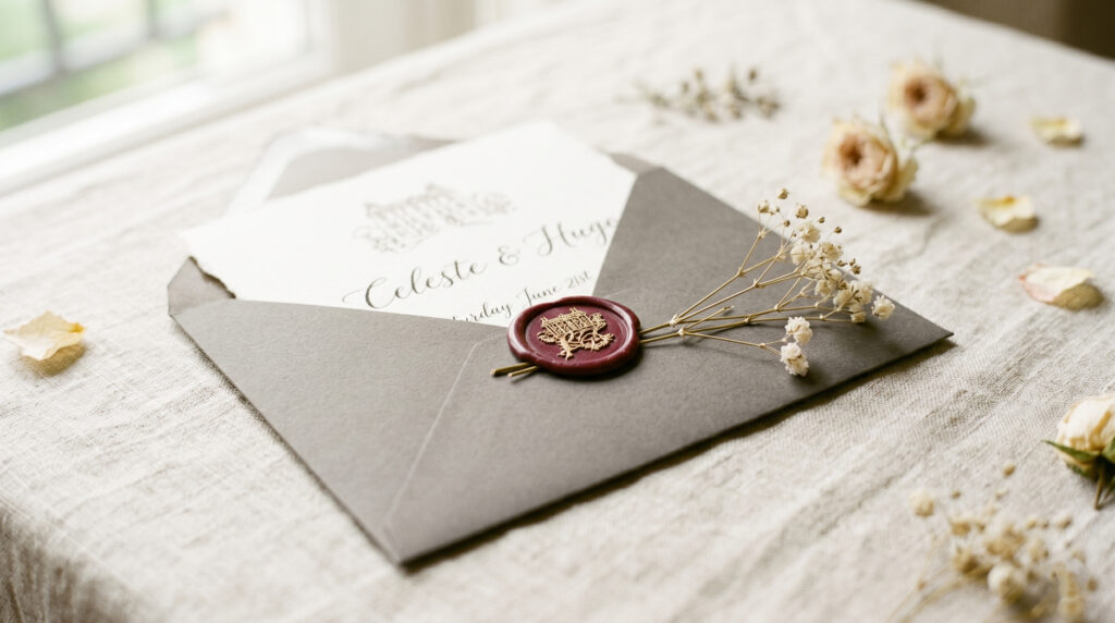 銀座の結婚式場ラシックアンジュールで叶う、大人の上質感ウェディングを彩るペーパーアイテム。ラベンダーのドライフラワーやリネン、切りっぱなしの紙など自然素材を活かした招待状、メニュー、プチギフトのデザイン。