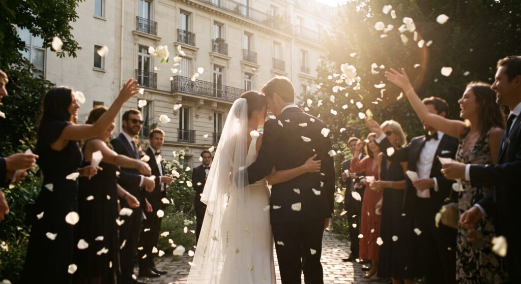 銀座の結婚式場ラシックアンジュールでは対面式チャペルでアットホームな挙式が叶う。フラワーシャワーなど各種演出も可能